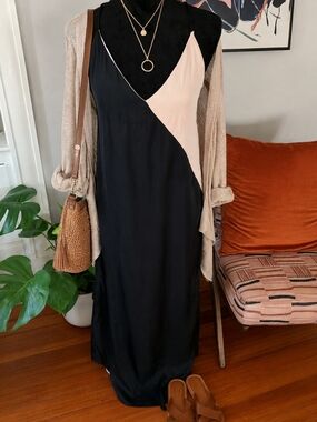 Colorblock Black and Blush V-Neck Maxi Slip Dress